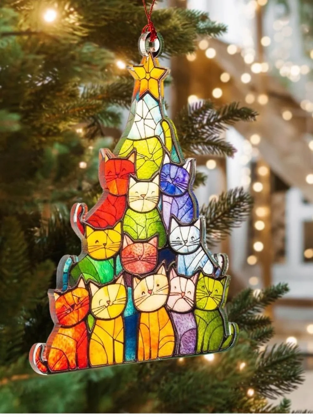 Source Unknown Multicolor Stained-Glass (look)Cat Ornament